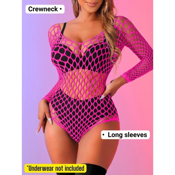 Off Shoulder Long Sleeve Mesh Dancewear Fishnet Sexy Rave Outfits For Women - Picture 2 of 7